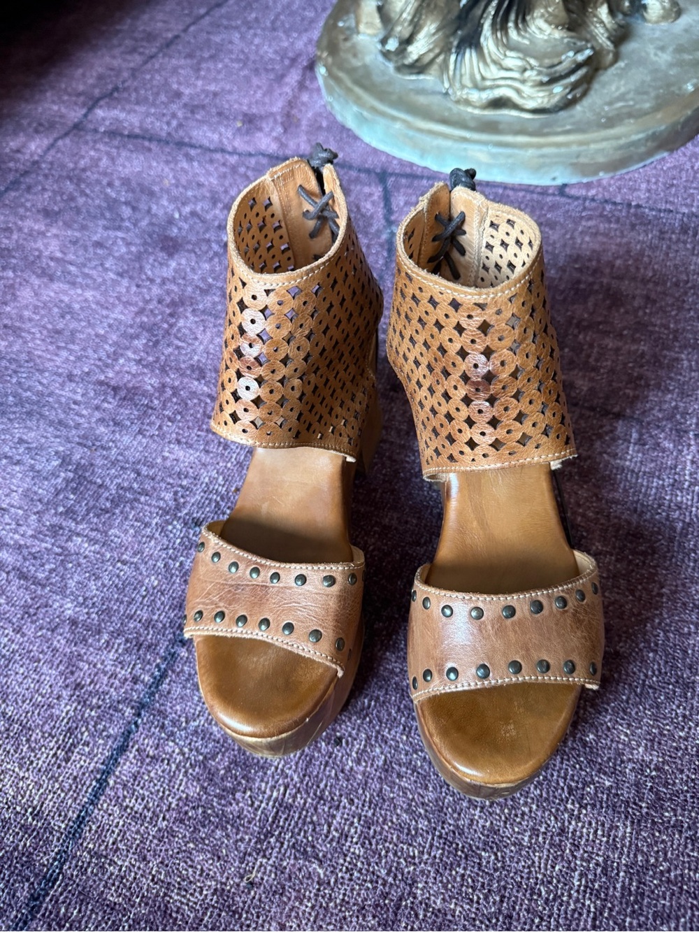 Women’s Tan Leather Perforated Block Heel Sandals